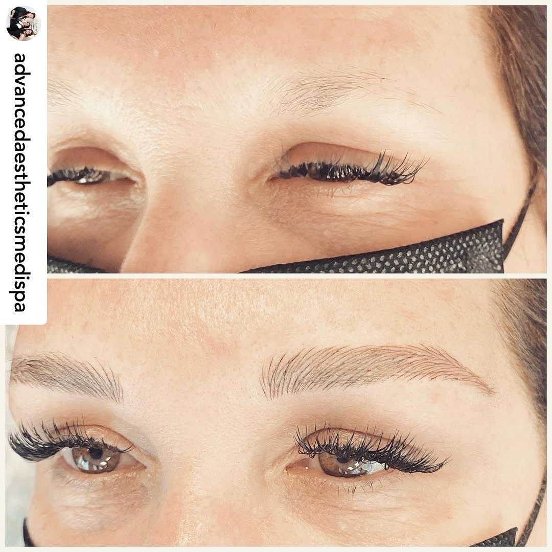 Before and after microblading — fuller, natural-looking brows