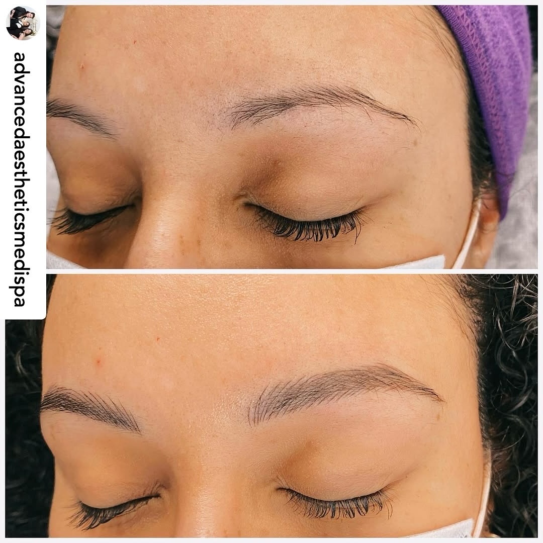 Before and after microblading — natural hair-stroke brow transformation
